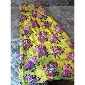 Betsey Johnson Yellow Pink Rose Floral Print 100% Silk Strapless Maxi Dress 10